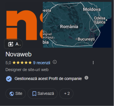 Cardul public al profilului Novaweb pe Google: nota 5,0 din 9 recenzii, categoria Designer de site-uri web si butonul Gestioneaza acest Profil de companie