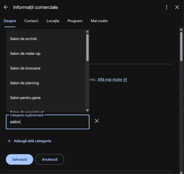 Adăugarea categoriei în Profilul Google Business