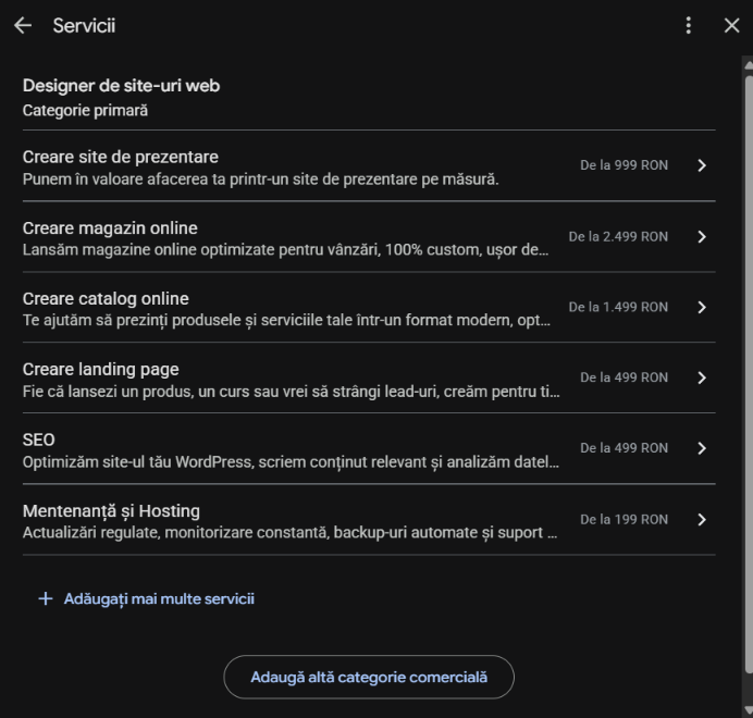 Serviciile din Profilul Google Business
