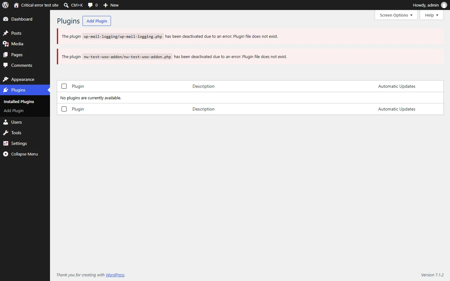 How to fix "There has been a critical error on this website" in WordPress 6 Plugins screen after the folder rename, with each active plugin deactivated due to "Plugin file does not exist" and the notice "No plugins are currently available."