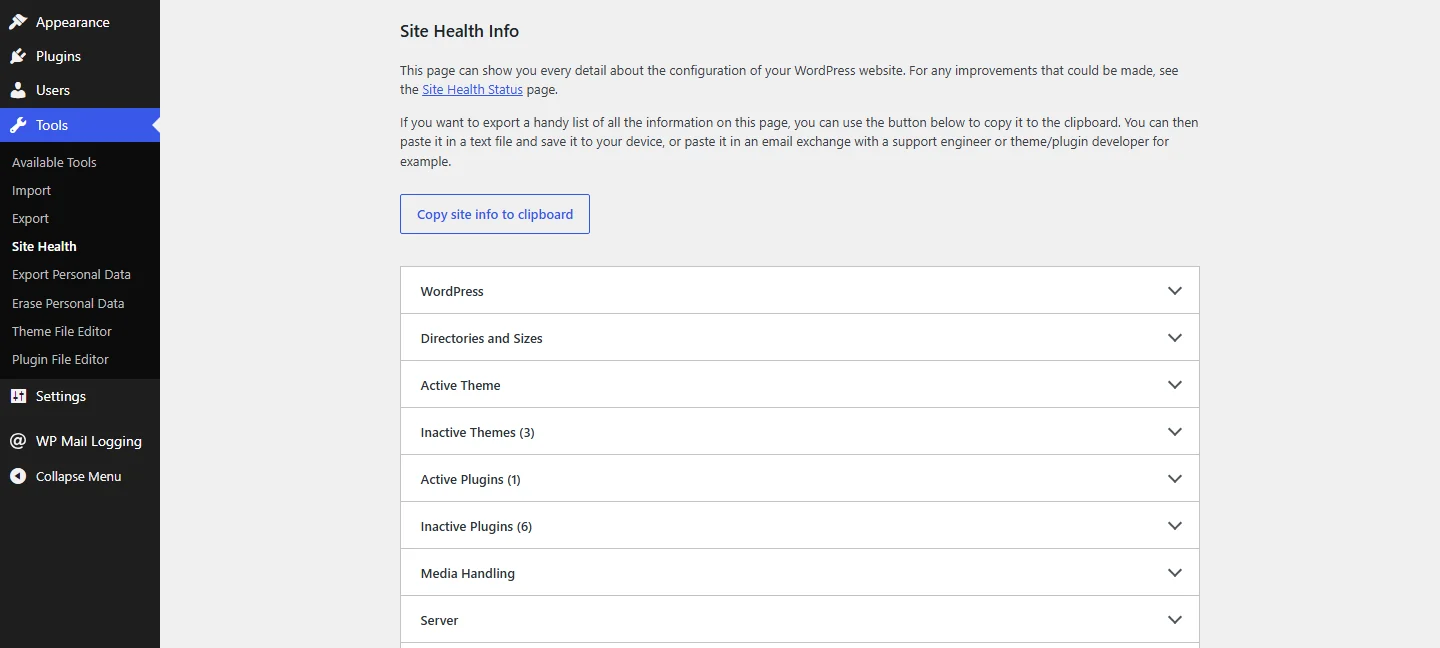 How to fix "There has been a critical error on this website" in WordPress 10 Site Health Info tab with the "Copy site info to clipboard" button and the expandable sections, from WordPress down to Server